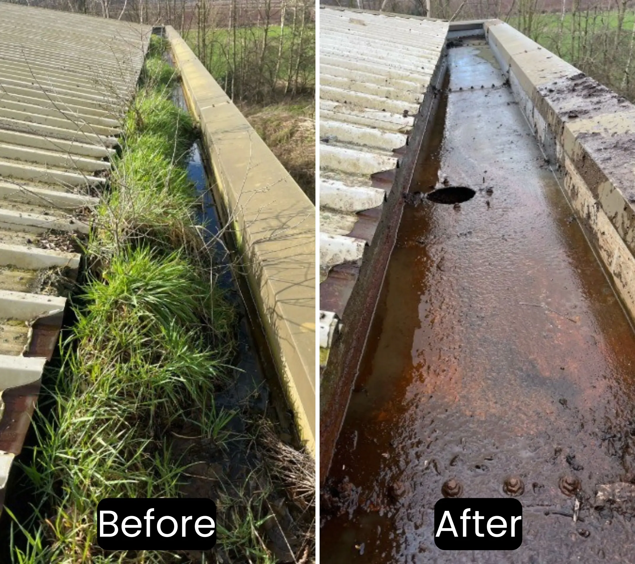 Before and after photos of commercial gutter cleaning